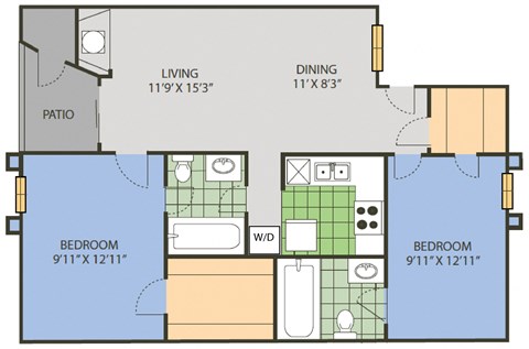 Floor plan for 2 beds, 2 baths, 959 sqft